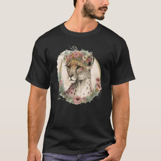 Cute Watercolor Cheetah Flower Crown Safari Animal T-shirt