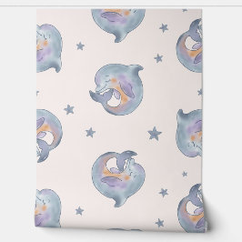 Cute Watercolor Dolphin and Stars Seamless Pattern Behang