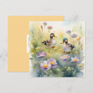 Cute Watercolor Eend en Wilde Bloemen Blank Feestdagenkaart