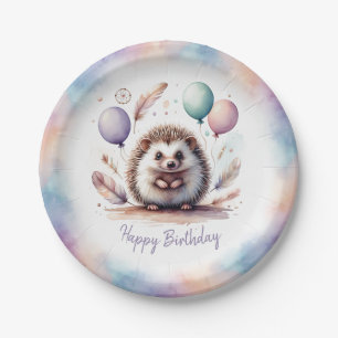 Cute Watercolor Egel met Ballonnen Verjaardag  Papieren Bordje