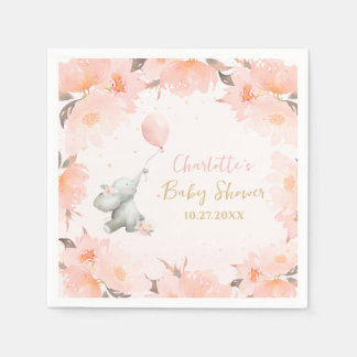 Cute Watercolor Elephant Floral Girl Baby Shower Servet