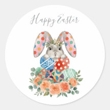 Cute Watercolor Floral Happy Easter Bunny Eggs