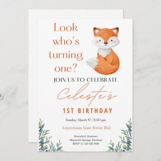Cute Watercolor Fox First Birthday Invitation (Devant / Derrière)