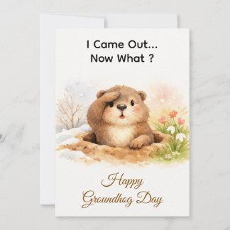 Cute Watercolor Groundhog Popping Out Of Hole Feestdagenkaart