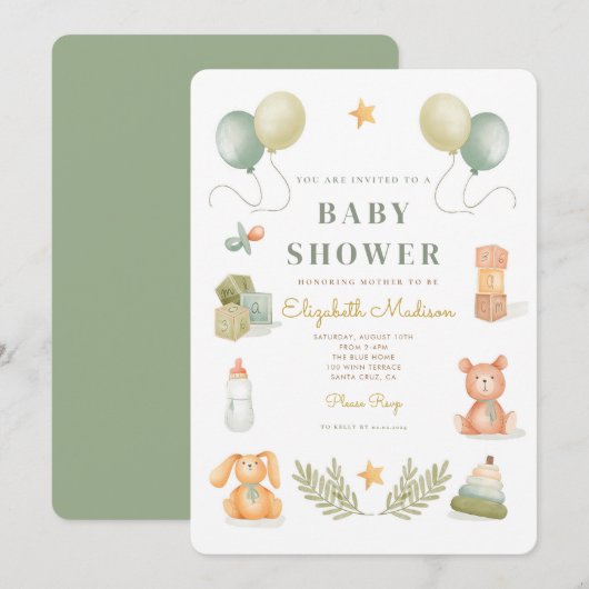 Cute Watercolor Jouets bébé Baby shower Invitation (Devant / Derrière)