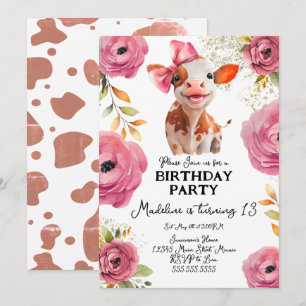 Cute Watercolor Kalf Koe Verjaardag Roze Bloemen Kaart