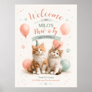 Cute Watercolor Kitten Pawty Cat Verjaardag Poster