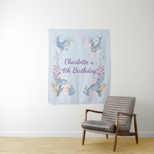 Cute Watercolor Narwhal Walvis vis Naadloos Zee- Wandkleed