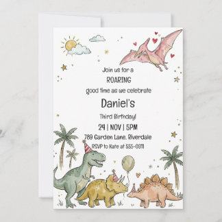 Cute Watercolor Pastel Dinosaur Third Birthday Kaart