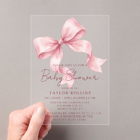Cute Watercolor Pink Bow Baby Shower Invitation (In situ (ordinateur de poche))