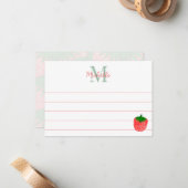 Cute Watercolor Strawberry Custom Lined Monogram Notitiekaartje (Voorkant / Achterkant in situ)