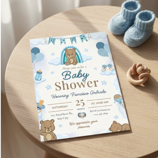 Cute Watercolor Teddy Bear Baby Shower Invitation