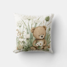 Cute Watercolor Teddy Bear with Wildflowers