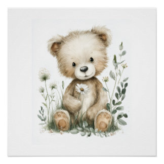 Cute Watercolor Teddy Bear with Wildflowers Perfect Poster