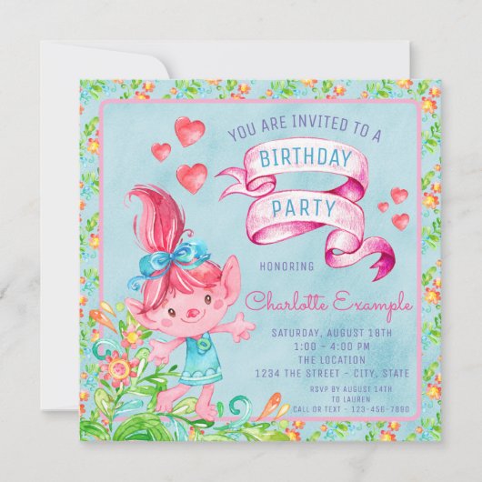 Cute Watercolor Troll Invitation de fête d'anniver (Devant)