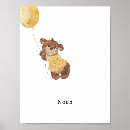 Cute Watercolour Bear With Balloon Name Poster (Voorkant)