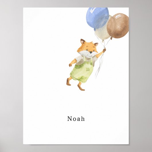 Cute Watercolour Fox With Balloons Name Poster (Voorkant)