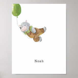 Cute Watercolour Hippo With Balloon Name Poster