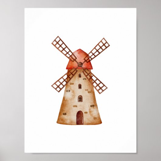 Cute Watercolour Mill Farm Windmill Poster (Devant)