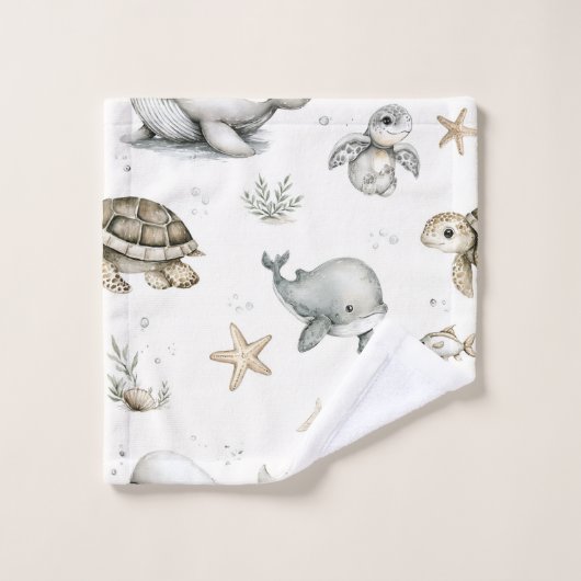 Cute Watercolour Ocean Baby Animals  Bad Handdoek (Wasdoekje)
