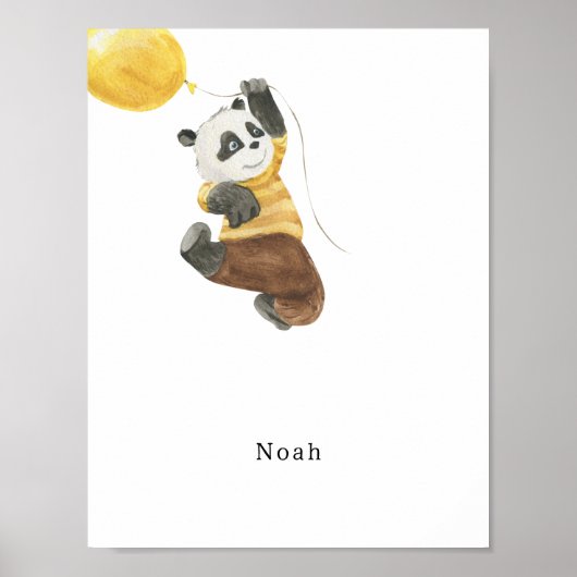 Cute Watercolour Panda With Balloon Name Poster (Devant)