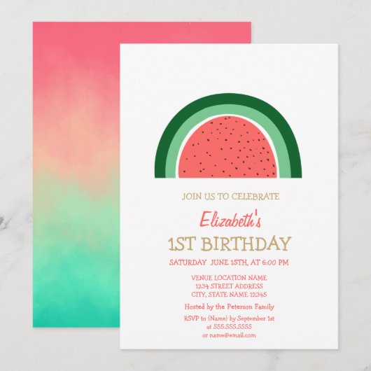 Cute Watermelon Rainbow Birthday Uitnodiging (Voorkant / Achterkant)