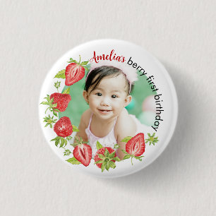 Cute Waterverf aardbery Berry First Birthday Ronde Button 3,2 Cm