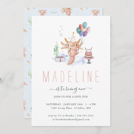 Cute Waterverf Axolotl Birthday Party Invitation Kaart (Voorkant / Achterkant)