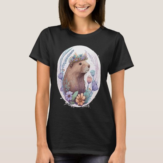 Cute Waterverf Beaver Flower Crown T-shirt (Voorkant)