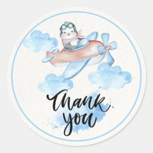 Cute Waterverf Blue White Penguin Pilot Hartelijk Ronde Sticker