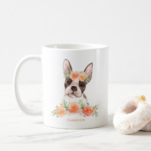 Cute Waterverf Boston Terrier Peach Floral Koffiemok