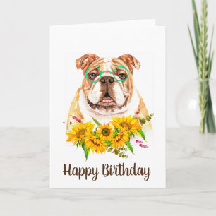 Cute Waterverf Bulldog & Sunflower Birthday Kaart