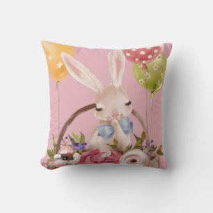 Cute Waterverf Bunny Rabbit Flowers   Pasen Kussen