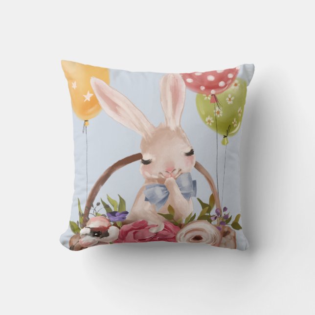 Cute Waterverf Bunny Rabbit Flowers | Pasen Kussen (Voorkant)