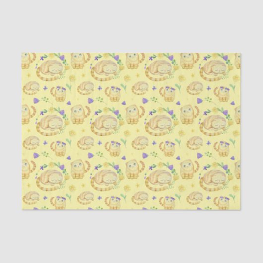 Cute Waterverf Cats and Flowers Pattern Yellow Tissuepapier (Voorkant)