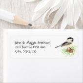 Cute Waterverf Chickadee Bird Pine Tree Etiket (Insitu)