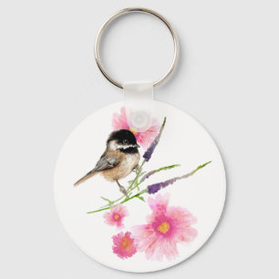 Cute Waterverf Chickadee Flower Art Sleutelhanger