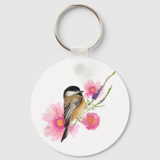 Cute Waterverf Chickadee Flowers Art Sleutelhanger (Voorkant)