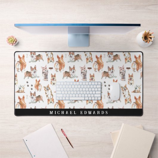 Cute Waterverf Corgi Dog Pattern Monogram Bureaumat (Kantoor 1)