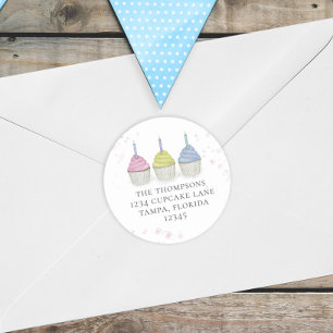 Cute Waterverf Cupcakes Whimsical Return Address Ronde Sticker