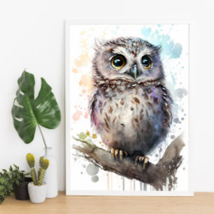Cute Waterverf Cute Owl Woodland Nursery Poster