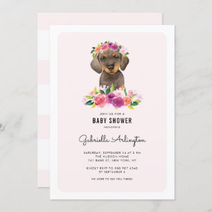 Cute Waterverf Dachshund Pink Floral Baby shower Kaart