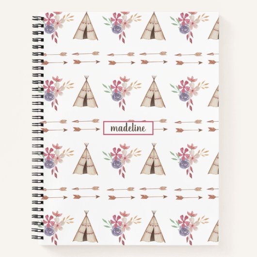 Cute Waterverf Floral Boho Teepee Personalized Notitieboek (Voorkant)