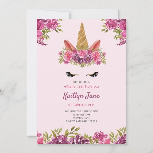 Cute Waterverf Floral Unicorn Pink Uitnodiging (Voorkant)
