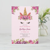 Cute Waterverf Floral Unicorn Pink Uitnodiging (Staand voorkant)