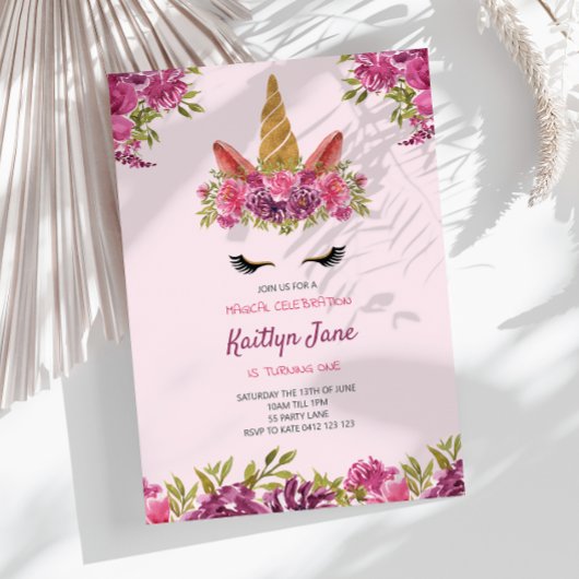 Cute Waterverf Floral Unicorn Pink Uitnodiging