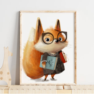 Cute Waterverf Fox Book Student   Fox Wall Print