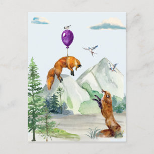 Cute Waterverf Fox Fly Away Forest Scene Briefkaart