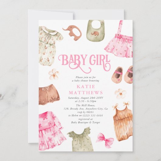 Cute Waterverf Girl Clothes GIRL Baby shower Kaart (Voorkant)