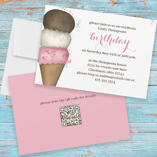 Cute Waterverf Ice Cream Cone Birthday QR Code Kaart